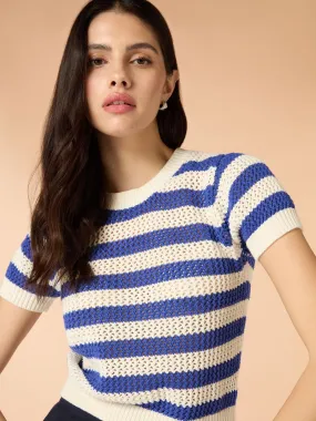 Lexi Stripe Crochet Jumper in Blue and Cream