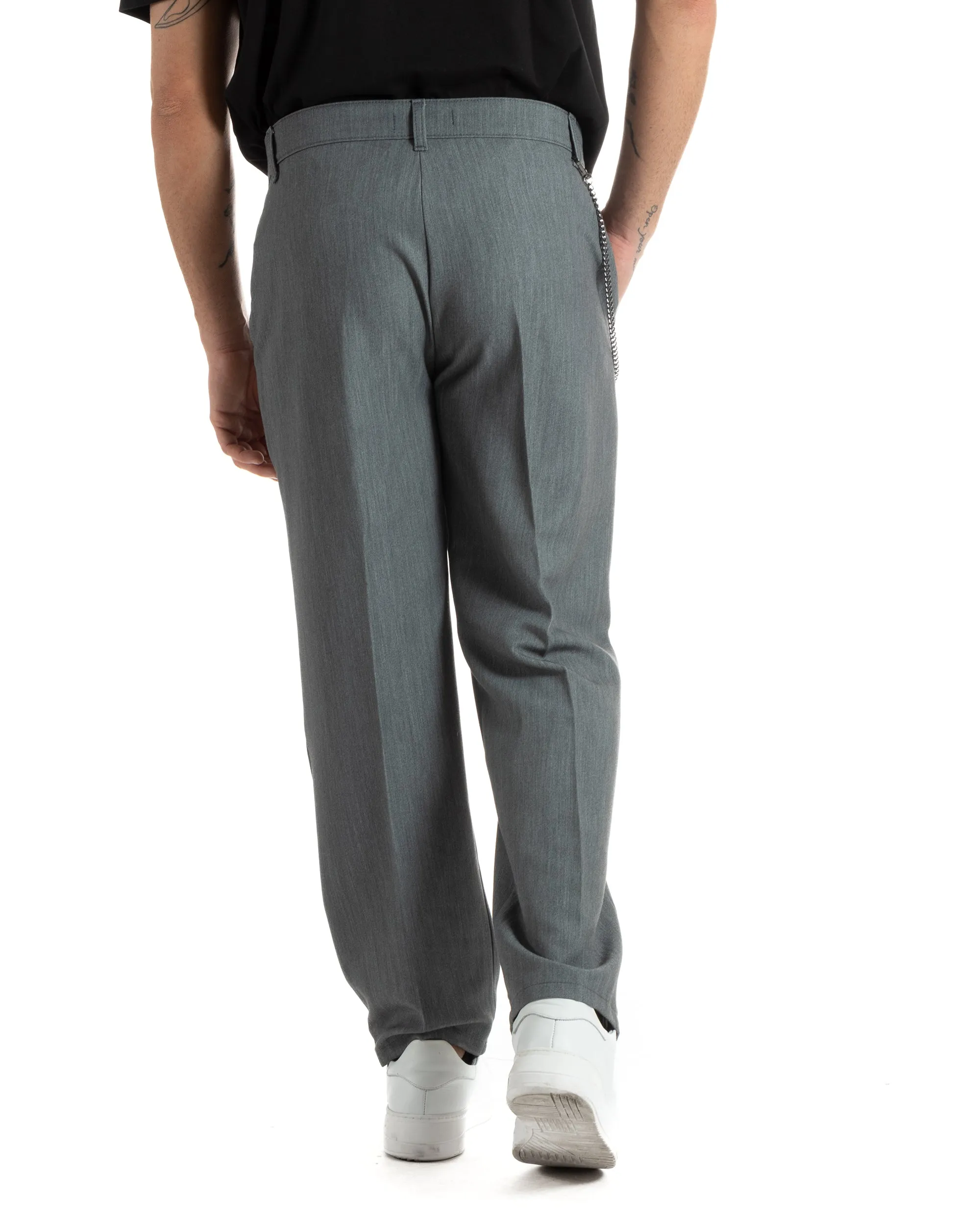 Pantaloni Uomo Viscosa Baggy Fondo Largo Tasca America Abbottonatura Allungata Casual Grigio GIOSAL-P5998A