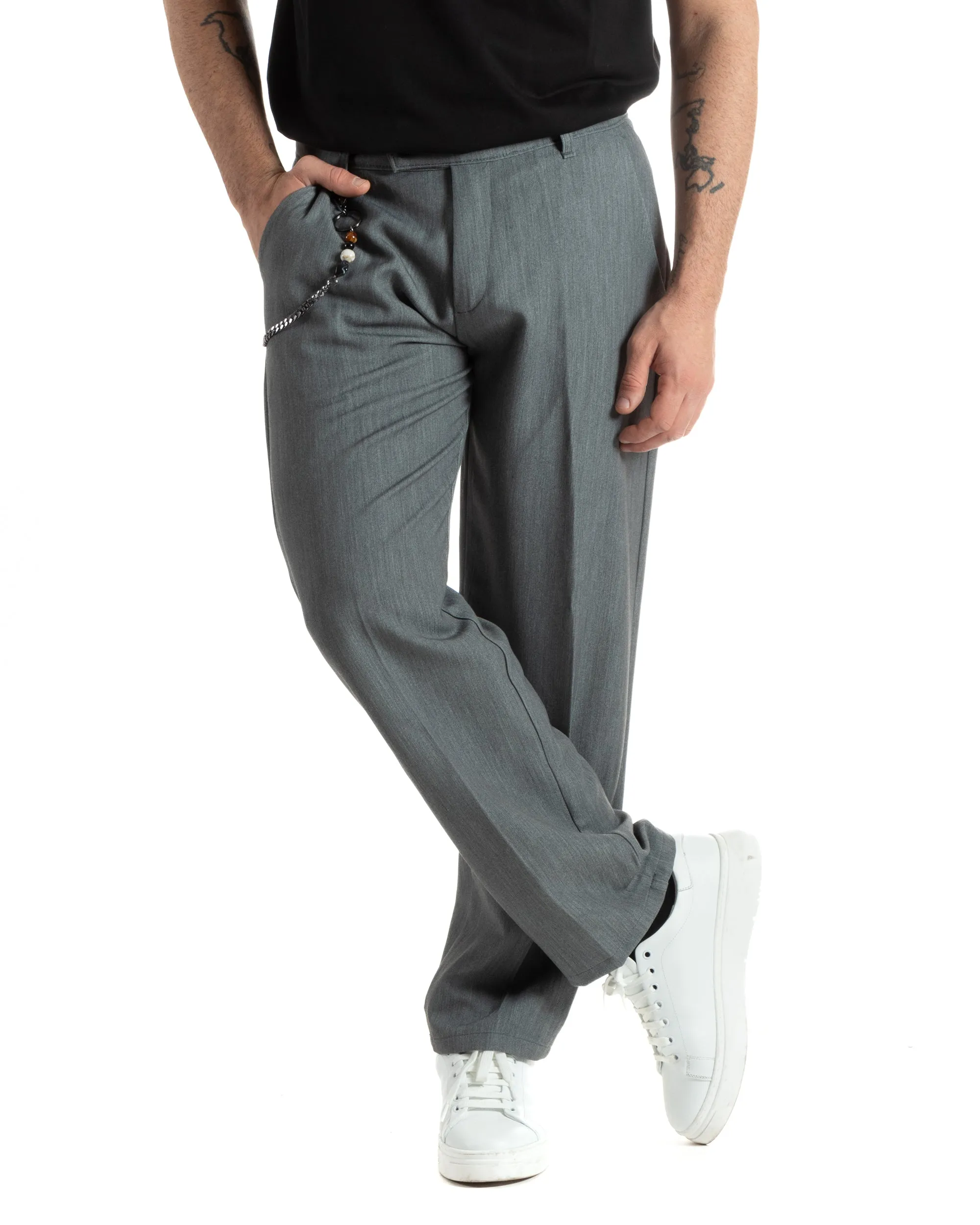 Pantaloni Uomo Viscosa Baggy Fondo Largo Tasca America Abbottonatura Allungata Casual Grigio GIOSAL-P5998A