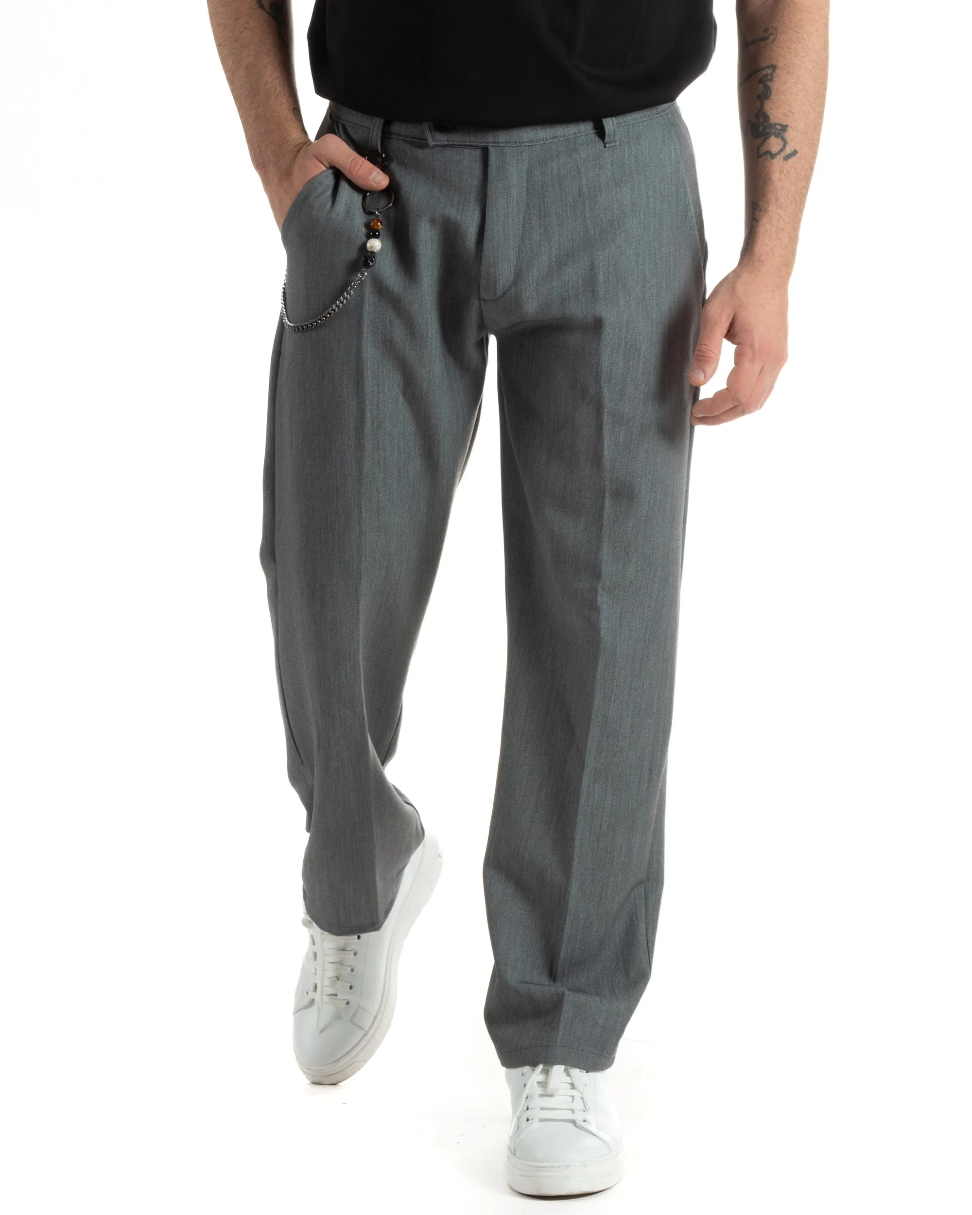 Pantaloni Uomo Viscosa Baggy Fondo Largo Tasca America Abbottonatura Allungata Casual Grigio GIOSAL-P5998A