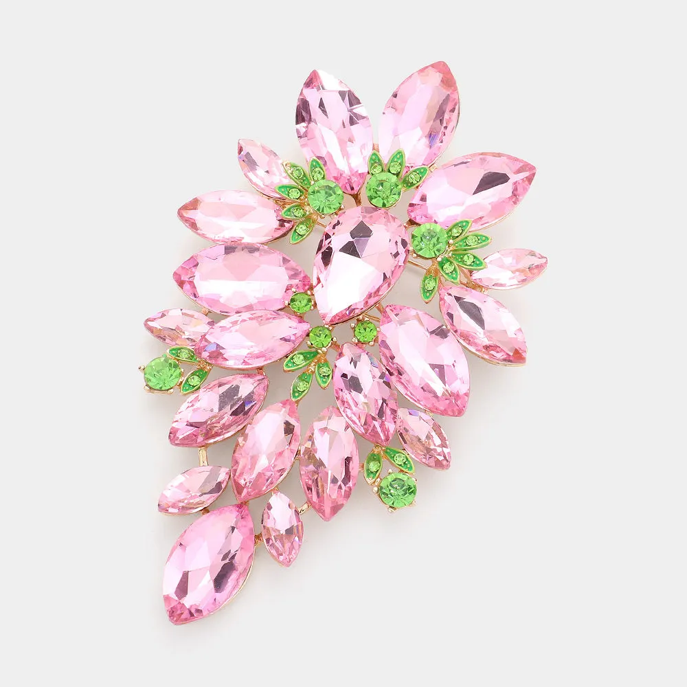 Pink and Green Marquise Stone Cluster Embellished Pin Brooch