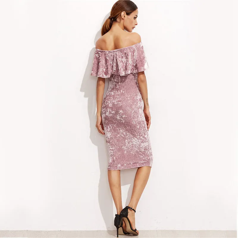 Pink Off Shoulder Ruffle Velvet