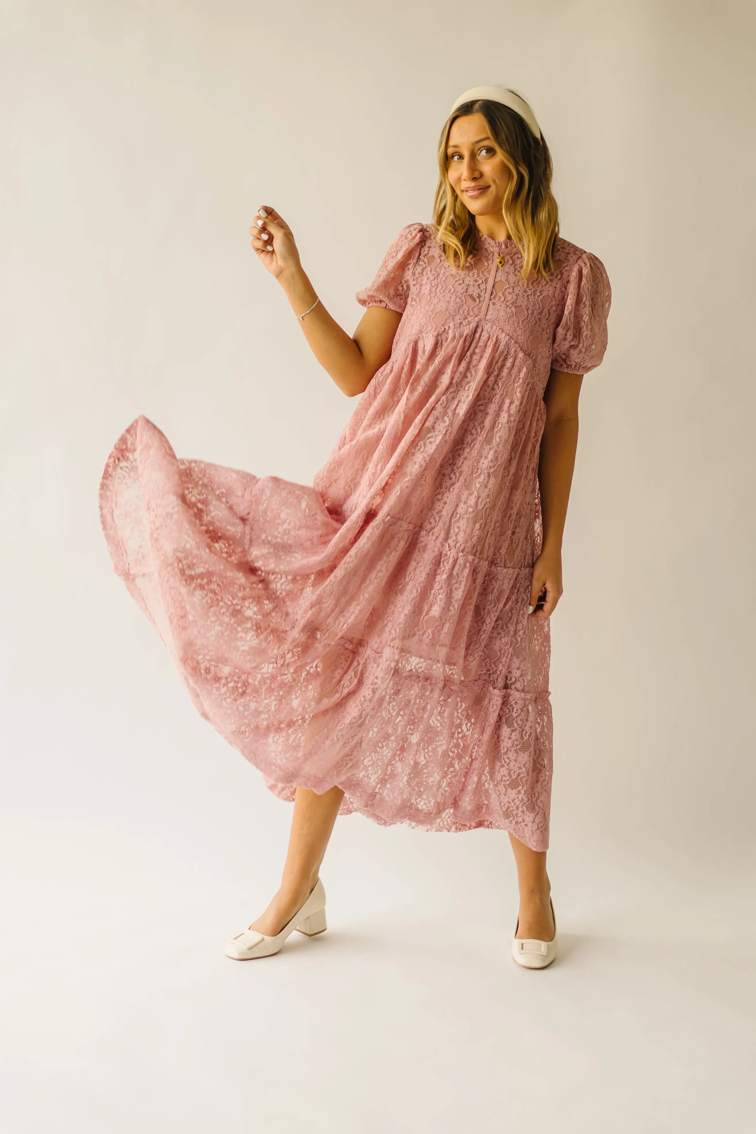 The Amari Bubble Sleeve Lace Midi Dress in Dusty Rose