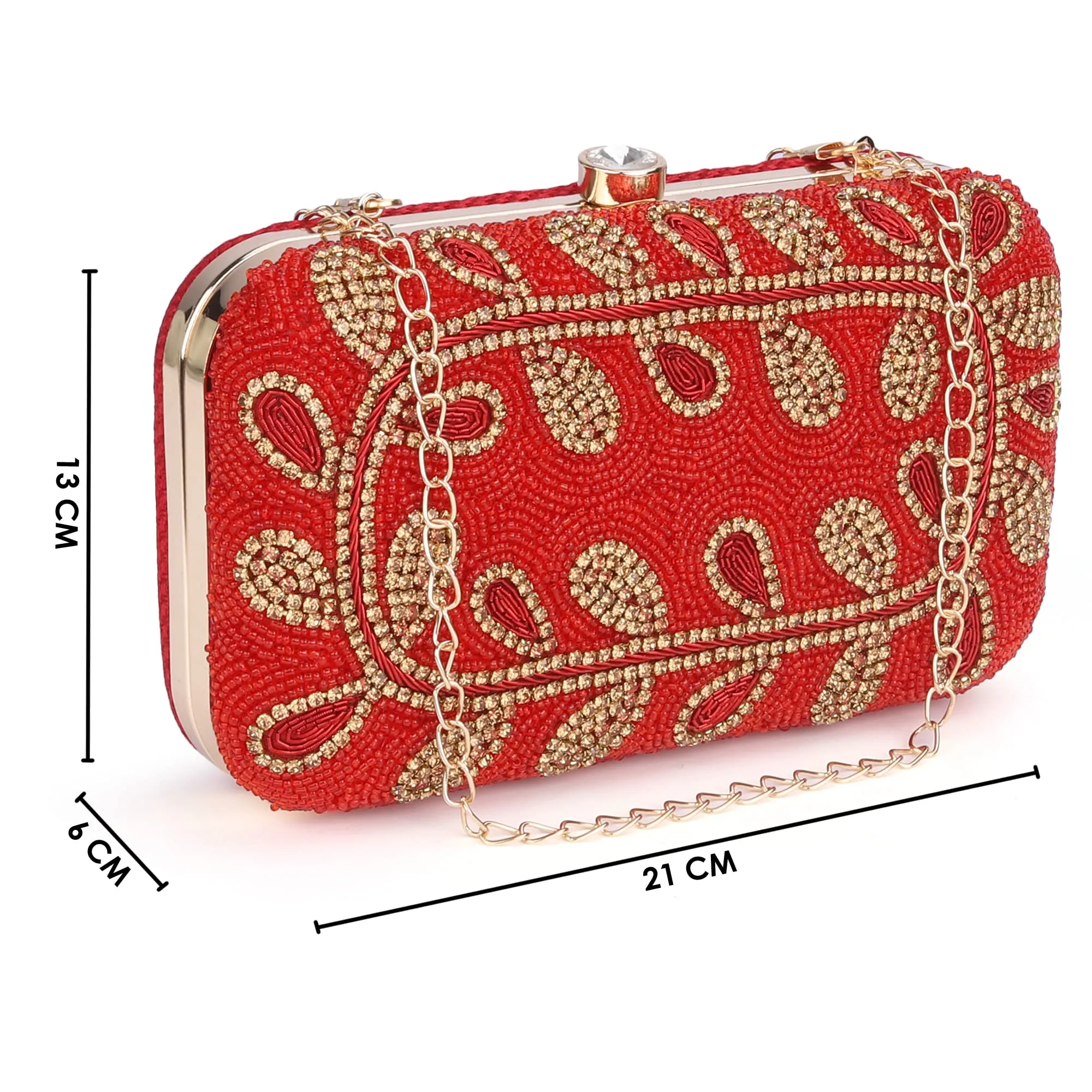 THE CLOWNFISH Angela Collection Womens Party Clutch Ladies Wallet Evening Bag with Fashionable Round Corners Beads Work Floral Design (Red)