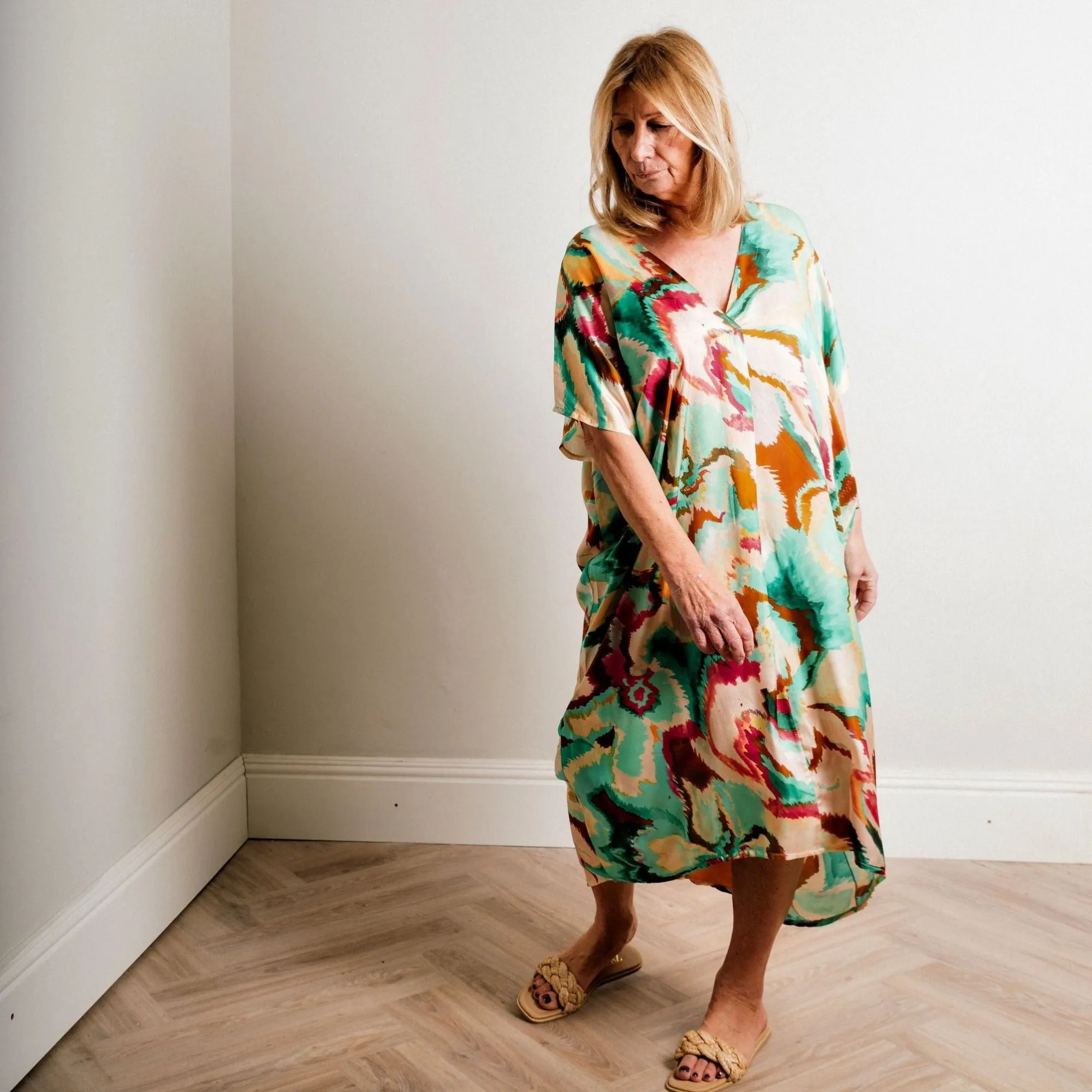 Turquoise Multi Print Silky Soft Midi Length Kaftan Day and Beach Dress.