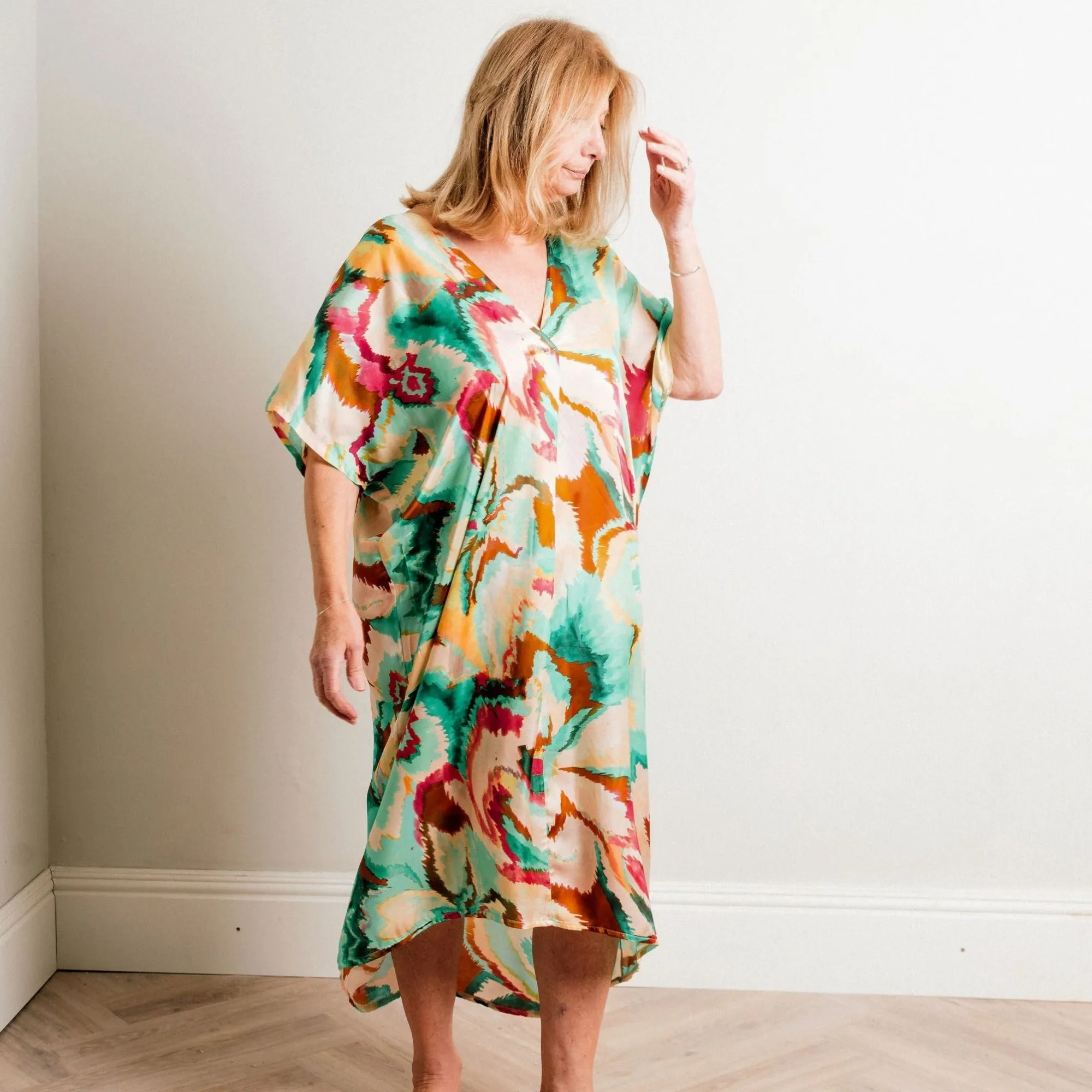 Turquoise Multi Print Silky Soft Midi Length Kaftan Day and Beach Dress.