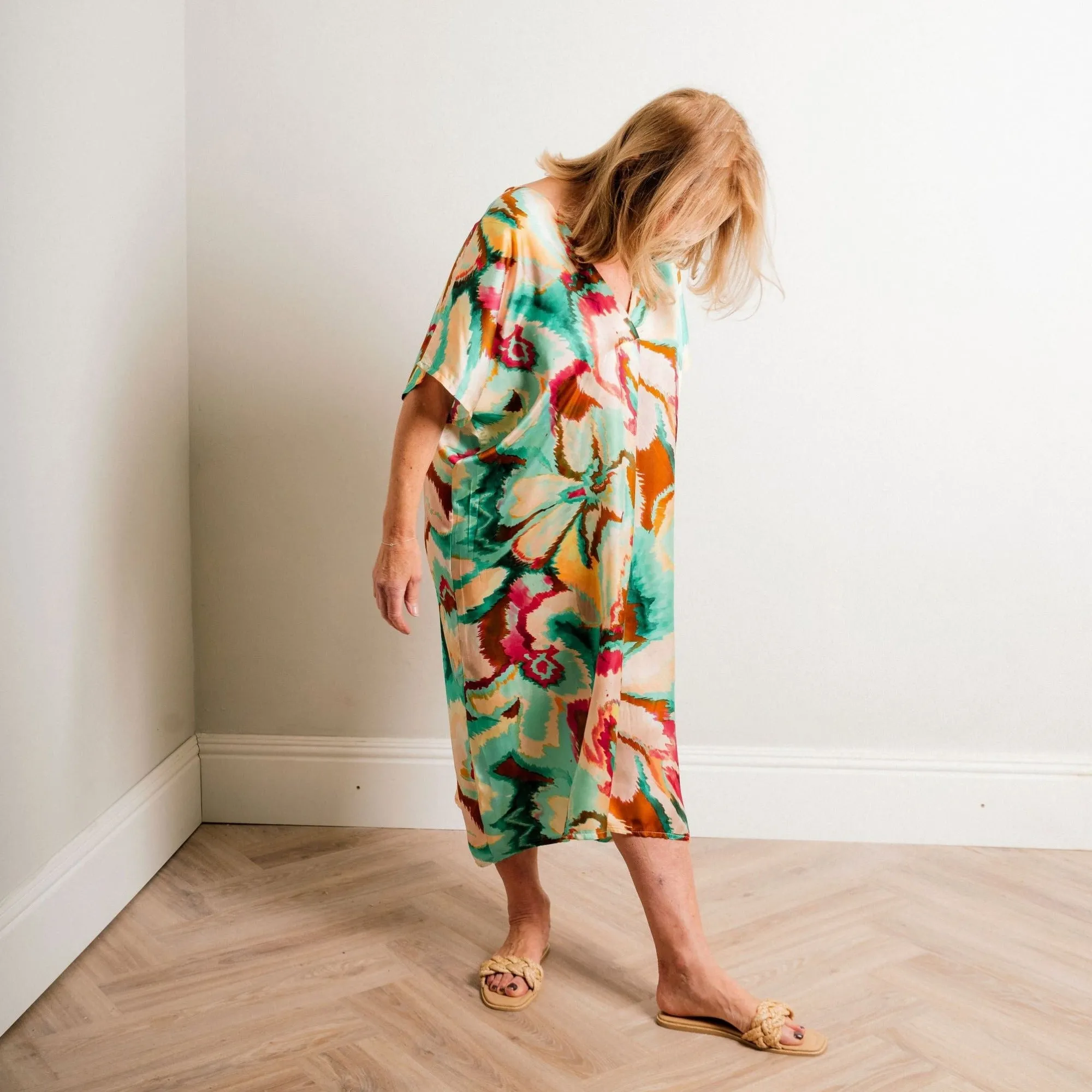 Turquoise Multi Print Silky Soft Midi Length Kaftan Day and Beach Dress.