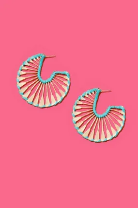 Turquoise Rattan Wrapped Gold Fan Hoop Earrings