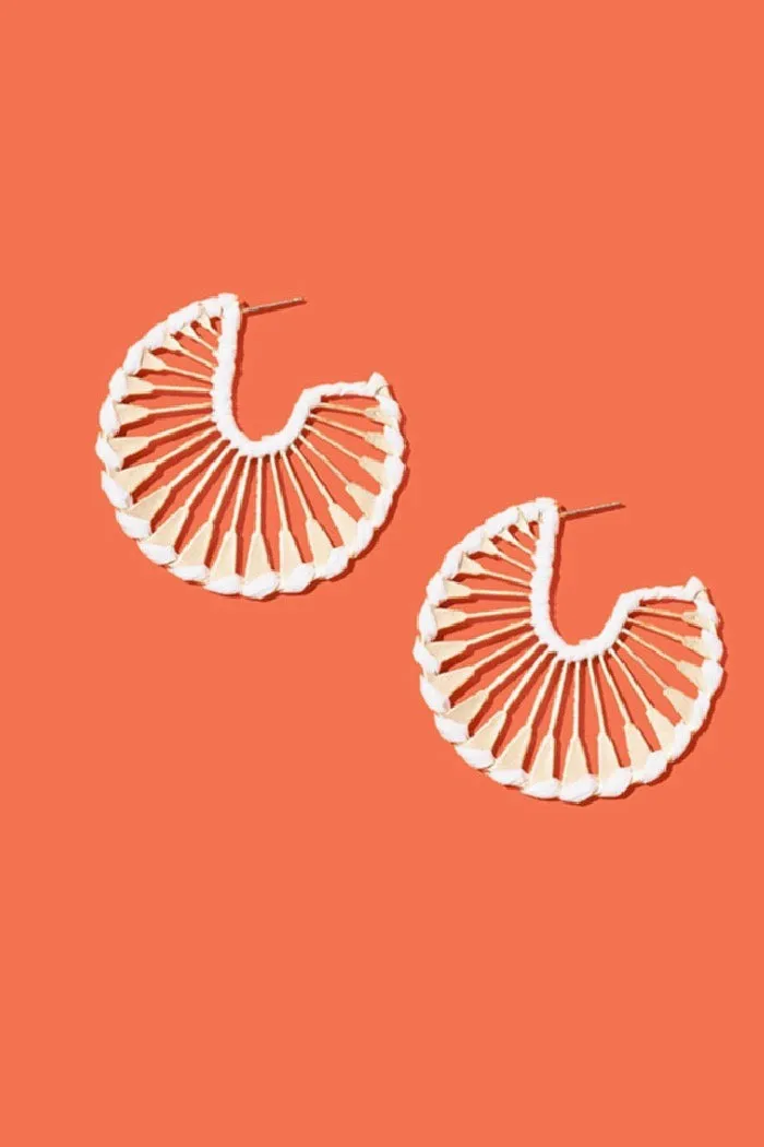 White Rattan Wrapped Gold Fan Hoop Earrings