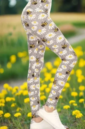 Womens Daisy Bee Leggings, Soft Yoga Pants, Sizes 0-20, Yoga Waist, Gray/Yellow